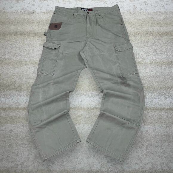 Vintage 90s Wrangler Riggs Carpenter Pants 36x34 Baggy Wide Leg Hazel Tan Canvas - Picture 2 of 5